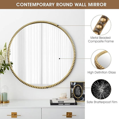 Round Bathroom Wall Mirror, 28"x28" Antique Gold Metal Beaded Frame Vanity Mirror, Wall Mounted Large Circle Makeup Mirror for Bedroom, Living Room, Entryway