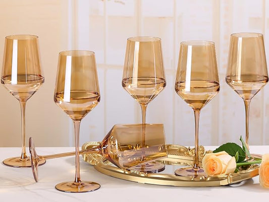 Physkoa Brown/Amber Wine Glasses Set of 6-15oz Hand Blown Crystal Colored Wine Glasses with Long Stem, Wedding, Birthday, Valentines Day Glassware