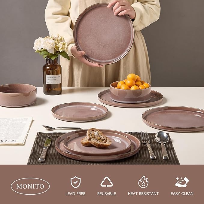 MONITO 12PCS Stoneware Plates and Bowls Set, Ceramic Dinnerware Sets, Service for 4, Chip and Scratch Resistant Dish Set, Microwave and Dishwasher Safe, Housewarming Party Holiday Gift, Vintage Brown
