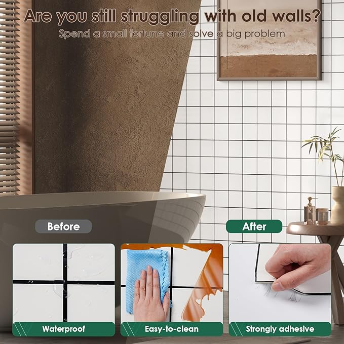 Peel and Stick Backsplash Tiles 20 Sheets 12''x12'' PVC Self Adhesive Wall Tiles Back Splash Wall Panels Stick on Backsplash for Kitchen Bathroom Laundry Room, White Checkered