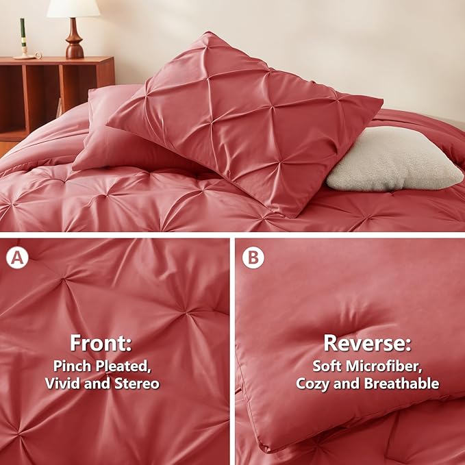 CozyLux Full Size Comforter Sets Coral, 7 Pieces Pintuck Bed in A Bag Coral Comforter Full Size, Pinch Pleat Bedding Sets with All Season Comforter, Flat Sheet, Fitted Sheet, Pillowcases & Shams