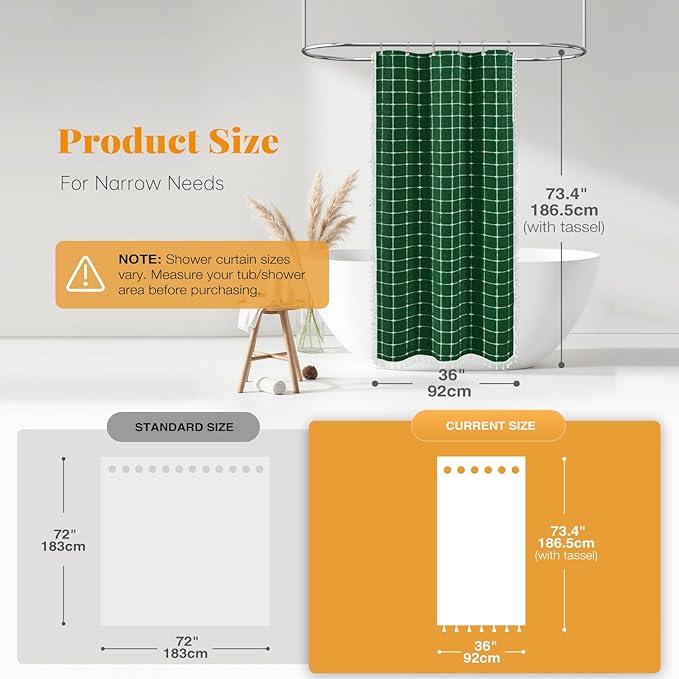 BTTN Boho Shower Stall Curtain - 36x72 Narrow Linen Ultra Thick Tassel Fabric Shower Curtain Set with 6 Plastic Hooks, Half Small Modern Farmhouse Country Shower Curtains for Bathroom, Emerald Green