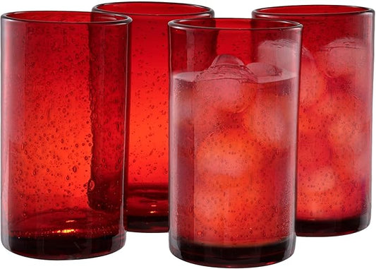 Artland 17oz Highball Tumbler, Set of 4 | Iris Seeded Design, Ruby Red | Drinking Glass for Parties and Everyday Use - Mojito, Whiskey, Cocktail | Glassware & Kitchenware Essentials