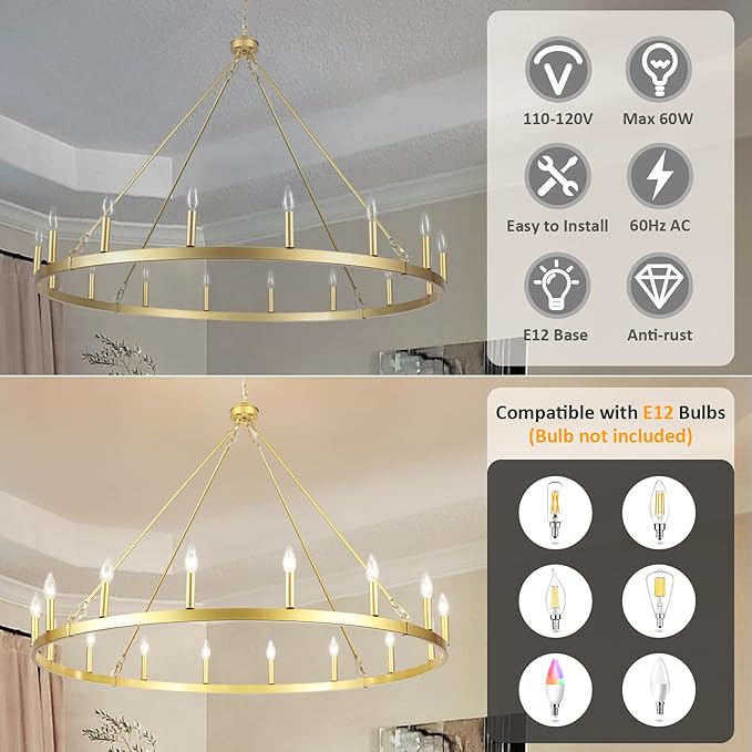 16-Light Gold Wagon Wheel Chandelier 47in Large Chandeliers for High Ceilings Round Farmhouse Light Fixtures Over Table Rustic Light Fixture for dining room,Foyer,Living Room,High Ceiling,Entryway,E12