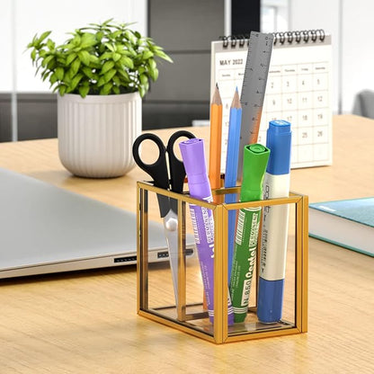NIUBEE Gold Acrylic Pen Holder for Desk, Clear Pencil Cup Organizer Makeup Brush Holder, Acrylic Desk Organizers and Accessories for Desktop Office - 2 Compartments