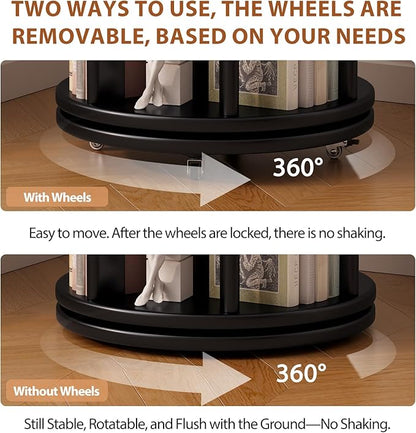 Solid Wood Rotating Bookshelf on Wheels, 4 Tier, Round Revolving Bookcase, 360° Spinning Book Shelf Tower for Kids, Narrow Rolling Bookshelves for Small Space, Corner, Bedroom, Office, Black