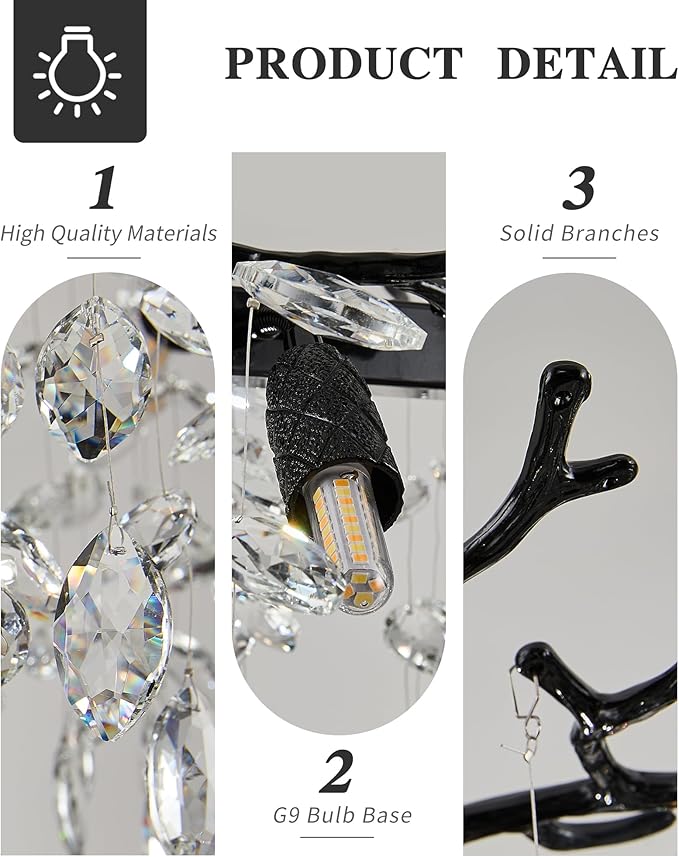 Modern Black Crystal Chandeliers for Living Room, Tree Branch Chandelier 14 Lights Rectangular 47.2" Hanging Pendant Light Fixture for Kitchen Island Dining Room Foyer Entryway