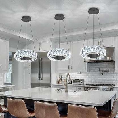 8" Ring Modern LED Dimmable Crystal Chandelier Adjustable Height Pendant Light Round Crystal Chandelier Light Fixtures for Dining Room Living Room Kitchen Island Black