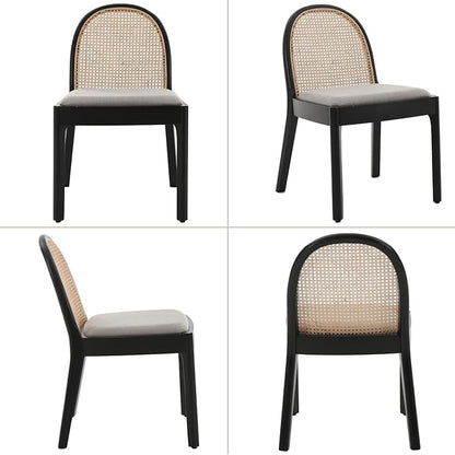 Mid Century Dining Chairs Set of 6, Rattan Side Chairs Linen Fabric Kitchen Chair with Solid Wooden Legs for Living Room Dining Room, Grey