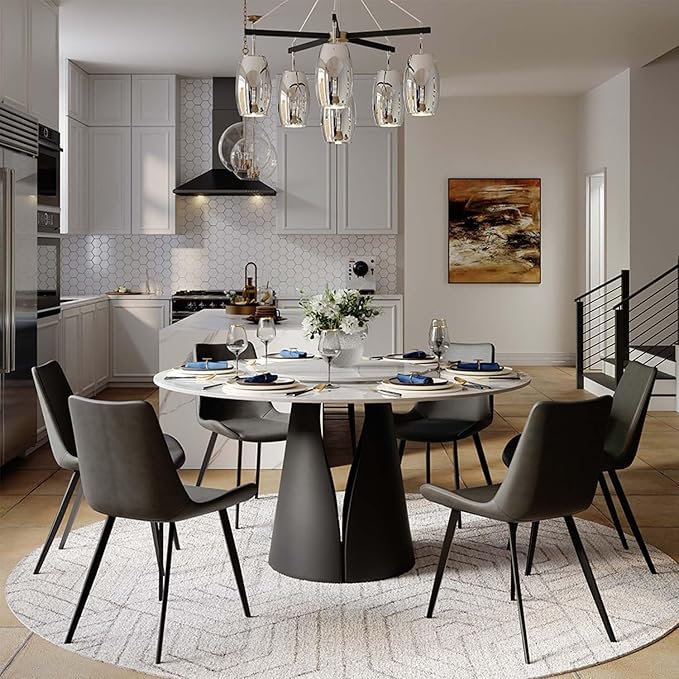 POVISON Round Dining Table for 6 with Lazy Susan, 59" Modern Round Dining Room Table, Glossy White Sintered Stone Tabletop with Black Carbon Steel Pedestal (Dining Table Only)