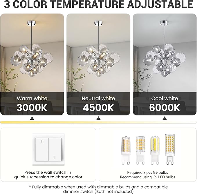 Mid Century Bubble Chandelier 8-Light 24in Globe Sputnik Pendant Light Fixture Modern Silver Chandeliers with 15 Bubbles LIght Fixtures for Dining Room Kitchen Living Room Bedroom Entryway Foyer