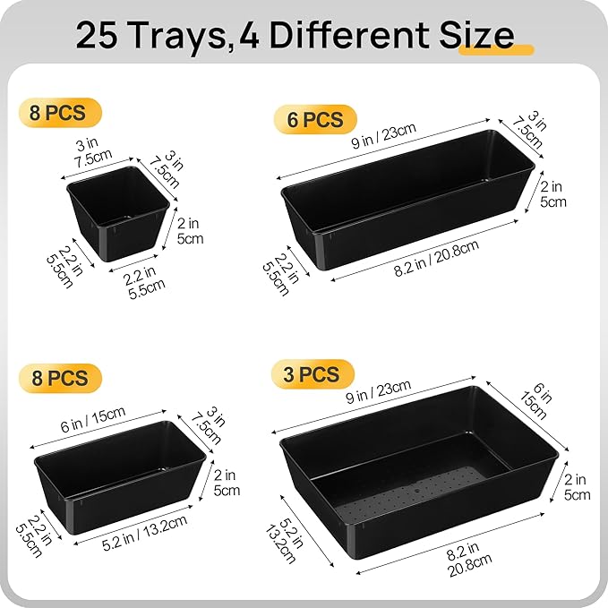 Vtopmart 25 PCS Desk Drawer Organizers Set, 4-Size Versatile Plastic Drawer Organizer Desk Accessories Office Organizers and Storage, Bathroom, Makeup, Vanity, Black