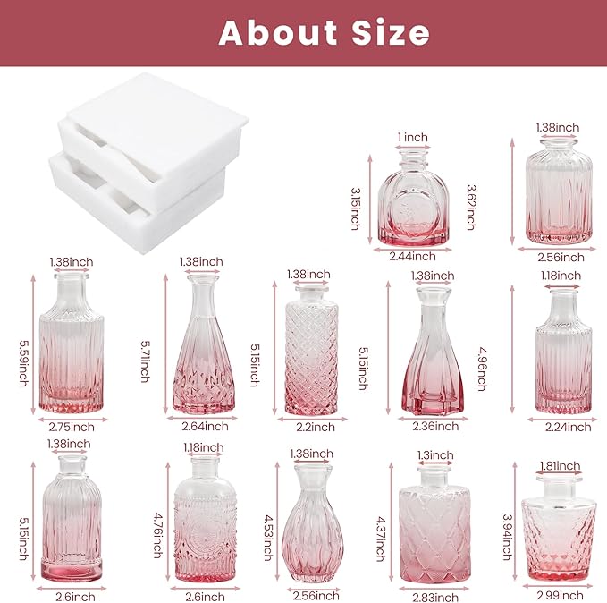 Pink Glass Bud Vases Set of 12, Vintage Mini Vases for Centerpieces, Glass Bud Vase in Bulk for Wedding Decor, Single Flowers, Office and Home Table Flower Décor
