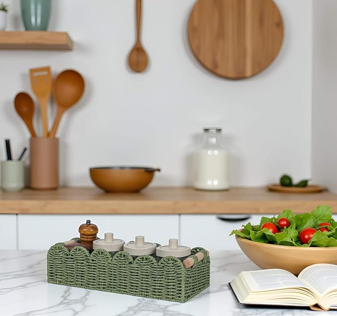 CubesLand Toilet Paper Storage Basket Scalloped Edge Home Decor Green Basket, Living Room Cozy Decor, Paper Rope Small Baskets for Over Toilet Storage Shelf, Shelves, with 2 Wooden Handles