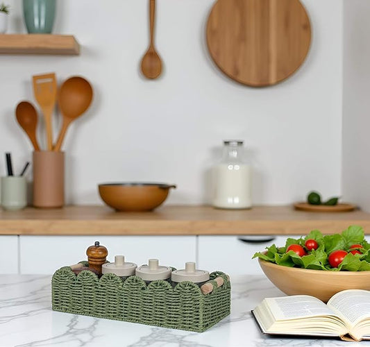 CubesLand Toilet Paper Storage Basket Scalloped Edge Home Decor Green Basket, Living Room Cozy Decor, Paper Rope Small Baskets for Over Toilet Storage Shelf, Shelves, with 2 Wooden Handles