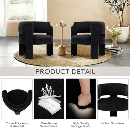 COLAMY Modern Velvet Accent Chairs Set of 2, Upholstered Barrel Chairs, Comfy Side Arm Chairs with 3 Legs for Living Room, Bedroom, Reading, Black