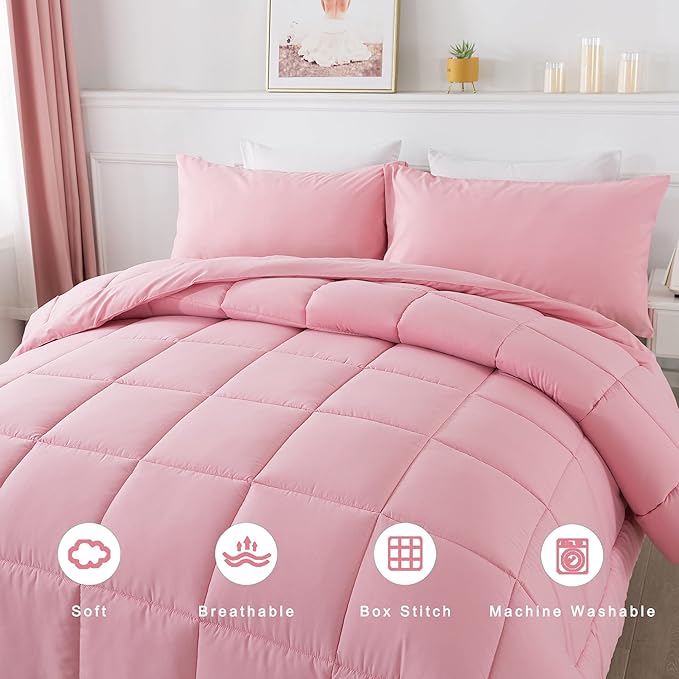 DOWNCOOL Queen Comforter Set -All Season Bedding Comforters Sets with 2 Pillow Cases-3 Pieces Bedding Sets Queen -Down Alternative Pink Queen Size Comforter Sets(88"x90")