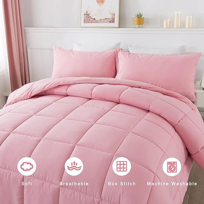 DOWNCOOL King Size Comforter Set -All Season Bedding Comforters Sets with 2 Pillow Cases -3 Pieces Bed Set Down Alternative King Bedding Set -Pink King Comforter Set(102"x90")