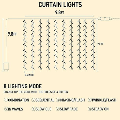 Dazzle Bright 300 LED Curtain String Lights, Christmas Fairy Lights for Bedroom with 8 Lighting Modes, Connectable Waterproof Window Lights Party Wedding Garden Wall Decor, White