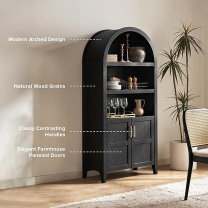 mopio Lauren 65.4" Short Arched Cabinet, 5-Tier Arched Bookcase with Doors and Shelves, Mini Arch Bookshelf with Storage, Wooden Storage Cabinet for Living Room and Kitchen Pantry (Black Accent)