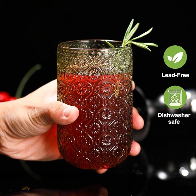 Green Drinking Glasses Set of 12, 12 Oz Highball & 10 Oz Cocktail Glasses, Green Kitchen Vintage Glassware Set, Floral Embossed Glass Tumbler Cups for Water, Beer, Juice, Whiskey, Coffee