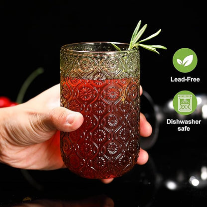 Green Drinking Glasses Set of 12, 12 Oz Highball & 10 Oz Cocktail Glasses, Green Kitchen Vintage Glassware Set, Floral Embossed Glass Tumbler Cups for Water, Beer, Juice, Whiskey, Coffee