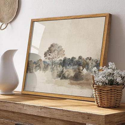 KBKBART Framed Vintage Neutral Wall Art Prints, Antique Rustic Muted Landscape Canvas Painting, Retro Countryside Nature Wilderness Illustrations Farmhouse Decor, Neutral Vintage Decor Ready To Hang