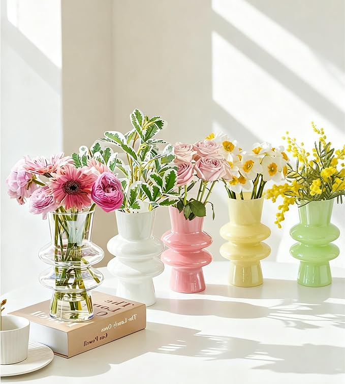 JSPYFITS Glass Vases for Decor, 7.8 Inch Four- Layer Hydroponic Glass Vase Bubble Flower Vases Decorative for Home Décor, Funky Modern Geometric for Living Room/Wedding/Party/Office(Milky Green)