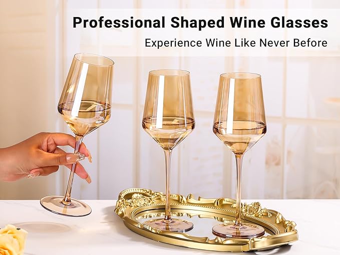 Physkoa Brown/Amber Wine Glasses Set of 6-15oz Hand Blown Crystal Colored Wine Glasses with Long Stem, Wedding, Birthday, Valentines Day Glassware