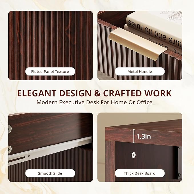 FURSUN 58" Modern Executive Desk with Storage, Home Office Desk with Drawer & Cabinet, Wooden Fluted Desk for Study, Living Room, Bedroom, Dark Walnut