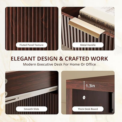 FURSUN 58" Modern Executive Desk with Storage, Home Office Desk with Drawer & Cabinet, Wooden Fluted Desk for Study, Living Room, Bedroom, Dark Walnut