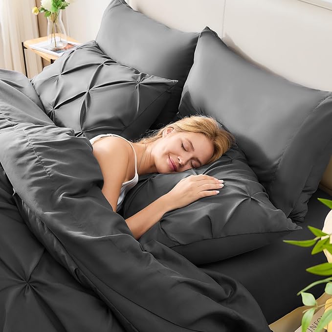 CozyLux Twin Comforter Set with Sheets Dark Grey, 5 Pieces Pintuck Bed in A Bag, Twin Bed Set Gift for Family, Pinch Pleat Bedding Set with Comforter, Sheets, Pillowcase & Sham