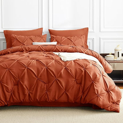 CozyLux Full Size Comforter Sets Burnt Orange, 7 Pieces Pintuck Bed in A Bag Terracotta Comforter Full Size, Pinch Pleat Bedding Sets with All Season Comforter, Sheets, Pillowcases & Shams