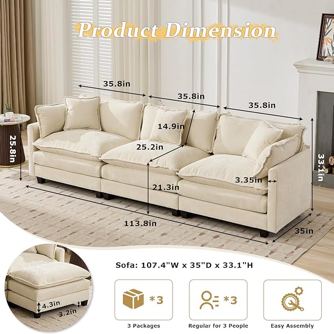 SoarFlash 107.4" Chenille Sectional Sofa, Comfy Modular Loveseat Sofa, Modern 3-Seat Couch Deep Seat Sofa Set for Living Room,Beige
