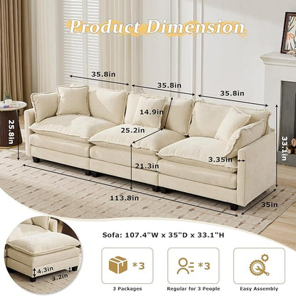SoarFlash 107.4" Chenille Sectional Sofa, Comfy Modular Loveseat Sofa, Modern 3-Seat Couch Deep Seat Sofa Set for Living Room,Beige