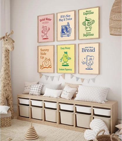 Retro Trendy Wall Art Decor Kitchen Aesthetic Canvas Wall Art Vintage Cute Pictures Funny Green Posters Retro Pink Prints Vintage Gallery Painting Funky Artwork for Room 12x16 Inch Unframed Set of 6