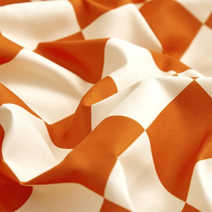 CLOTHKNOW Rust Beige Plaid Queen Comforter Set 3Pcs Grid Bedding Comforter Sets Soft Checker Queen Comforter Burnt Orange Queen Size Comforter Sets