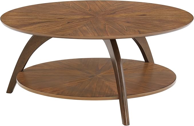 Martin Svensson Home LAX Retro Mid-Century Modern Round Wood Coffee Table with Lower Shelf, Cocktail Table for Living Room or Den. Caramel Brown with Walnut Brown Legs.