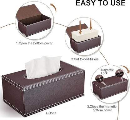 KINGFOM 3PCS/SET Desk Organizers and Accessories, Pu Leather Office Supplies Organization Set with Tissue Holder, Pencil Holder and Business Name Cards Stand Brown