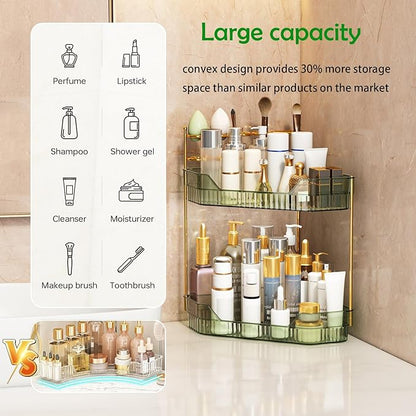 Corner Bathroom Counter Organizer with Makeup Brush Holder & Toothbrush Holders, Makeup Organizer for Vanity Countertop, Acrylic Skincare Storage Shelf (Green, 2-Tier)