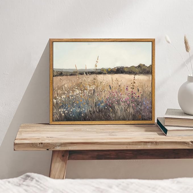 KBKBART Framed Vintage Wall Art Prints, Retro European Country Autumn Wildflower Field Landscape Canvas Painting Farmhouse Decor, Rustic Antique Framed Canvas Wall Art for Bathroom, Bedroom, Living