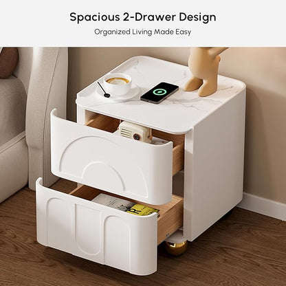 homary Modern White Nightstand with 2 Drawers, Wireless Charging and Sintered Stone Top, Smart Bedside Table for Bedroom Living Room
