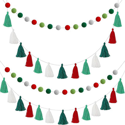 Syhood 4 Pcs Christmas Pom Pom Tassel Garland Felt Pompom Ball Banner Christmas Tassel Garland for Xmas Tree Hanging Decorations Party Supplies Home Decor(Red Green White)