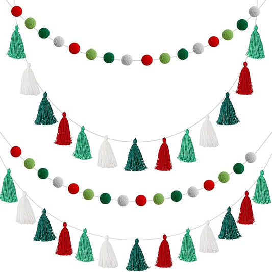 Syhood 4 Pcs Christmas Pom Pom Tassel Garland Felt Pompom Ball Banner Christmas Tassel Garland for Xmas Tree Hanging Decorations Party Supplies Home Decor(Red Green White)