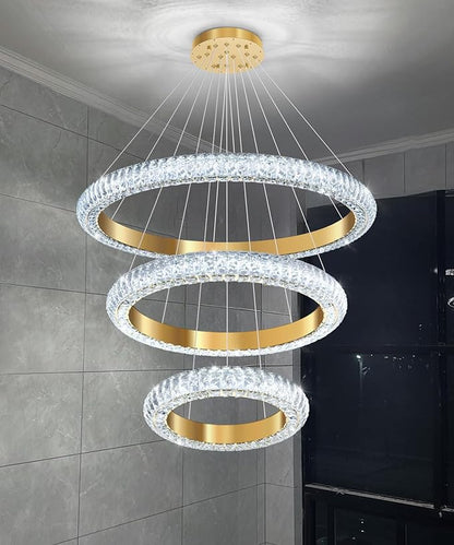 31.5" 3 Ring Crystal Chandelier Modern LED Dimmable Ring Pendant Light Round Chandelier for Dining Room Living Room Gold
