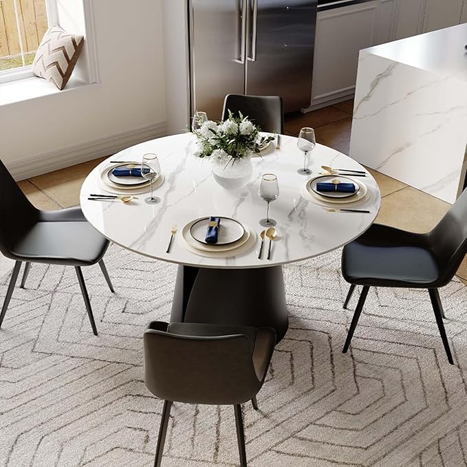 POVISON Round Dining Table for 4, 47'' Modern Dining Table Marble Round, Glossy White Sintered Stone Dining Tabletop with Solid Black Carbon Steel Base, Circle Kitchen Table (Table Only)