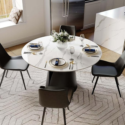 POVISON Round Dining Table for 4, 47'' Modern Dining Table Marble Round, Glossy White Sintered Stone Dining Tabletop with Solid Black Carbon Steel Base, Circle Kitchen Table (Table Only)