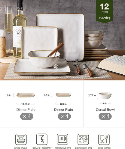 Famiware Dinnerware Sets for 4, Ocean Square 12-Piece Kitchen Plates and Bowls Sets, Reactive Glaze, Microwave and Dishwasher Safe, Scratch Resistant, Cappuccino White