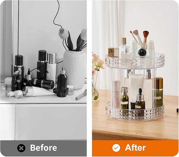 360° Rotating Makeup Organizer, 2 Tier Large Perfume Organizers with Portable Handle for Vanity Bathroom Countertop, Bathroom Counter Organizer for Cosmetics Skincare Perfume