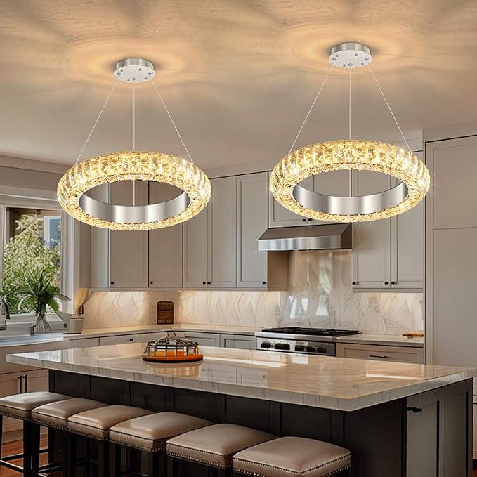 16" Ring Modern LED Dimmable Crystal Chandelier Adjustable Height Pendant Light Round Crystal Chandelier Light Fixtures for Dining Room Living Room Kitchen Island Silver